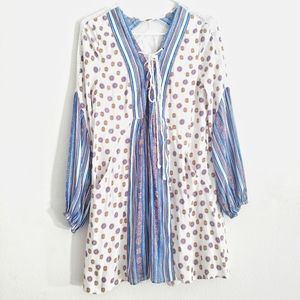 Free People Boho White Blue Long Sleeve Dress